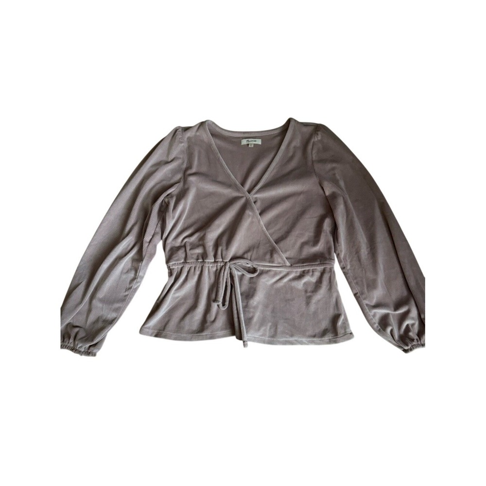 Madewell Ribbed Velvet Wrap Peplum Top Mauve Pink Long Sleeve Medium Coquette